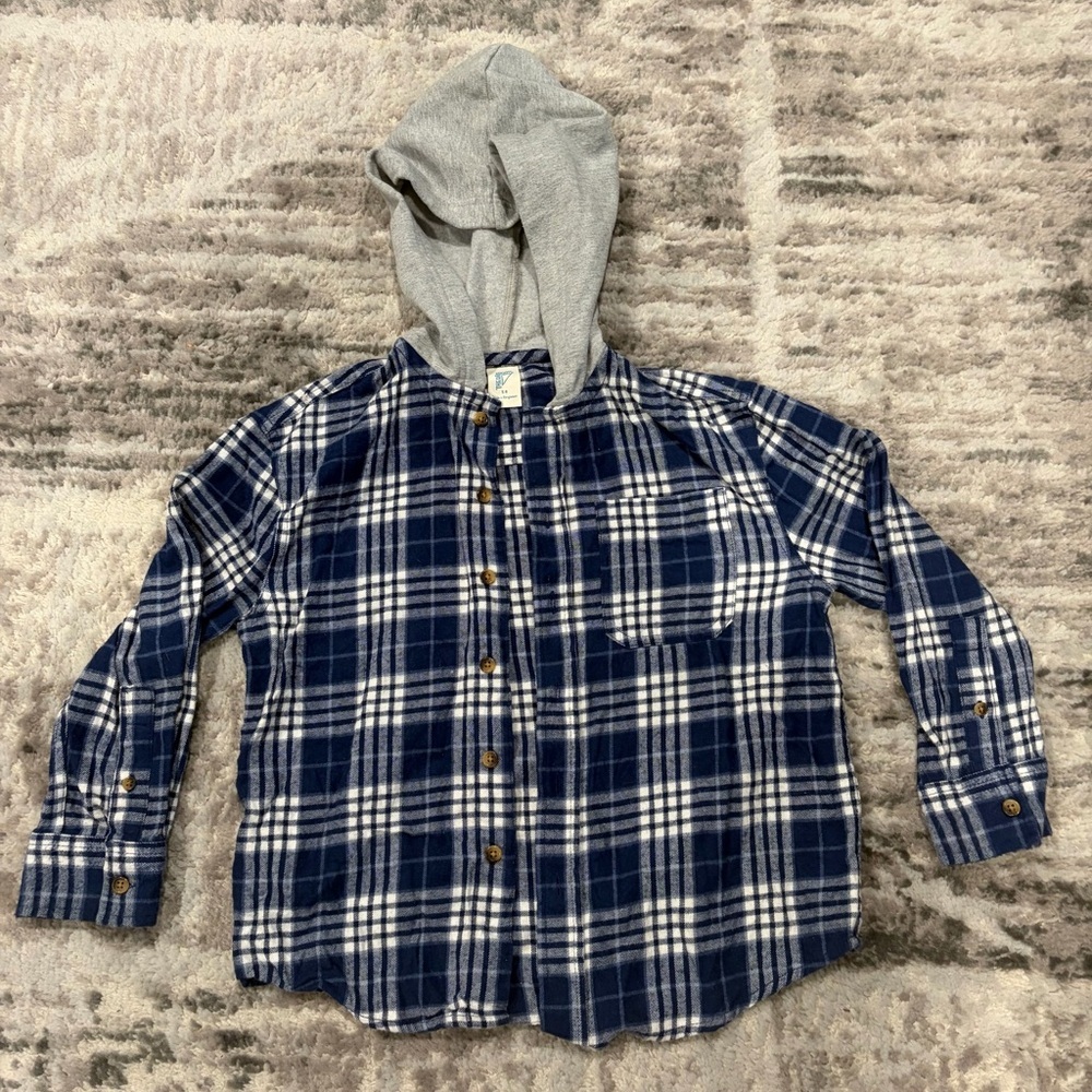 Boys Plaid Blue and Gray Kids Shirt with Hood size 8 GOOD CONDITION